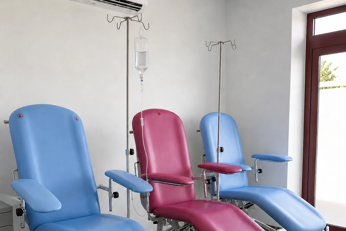 Zbliżenie stanowiska do wlewów dożylnych z widoczną kroplówką